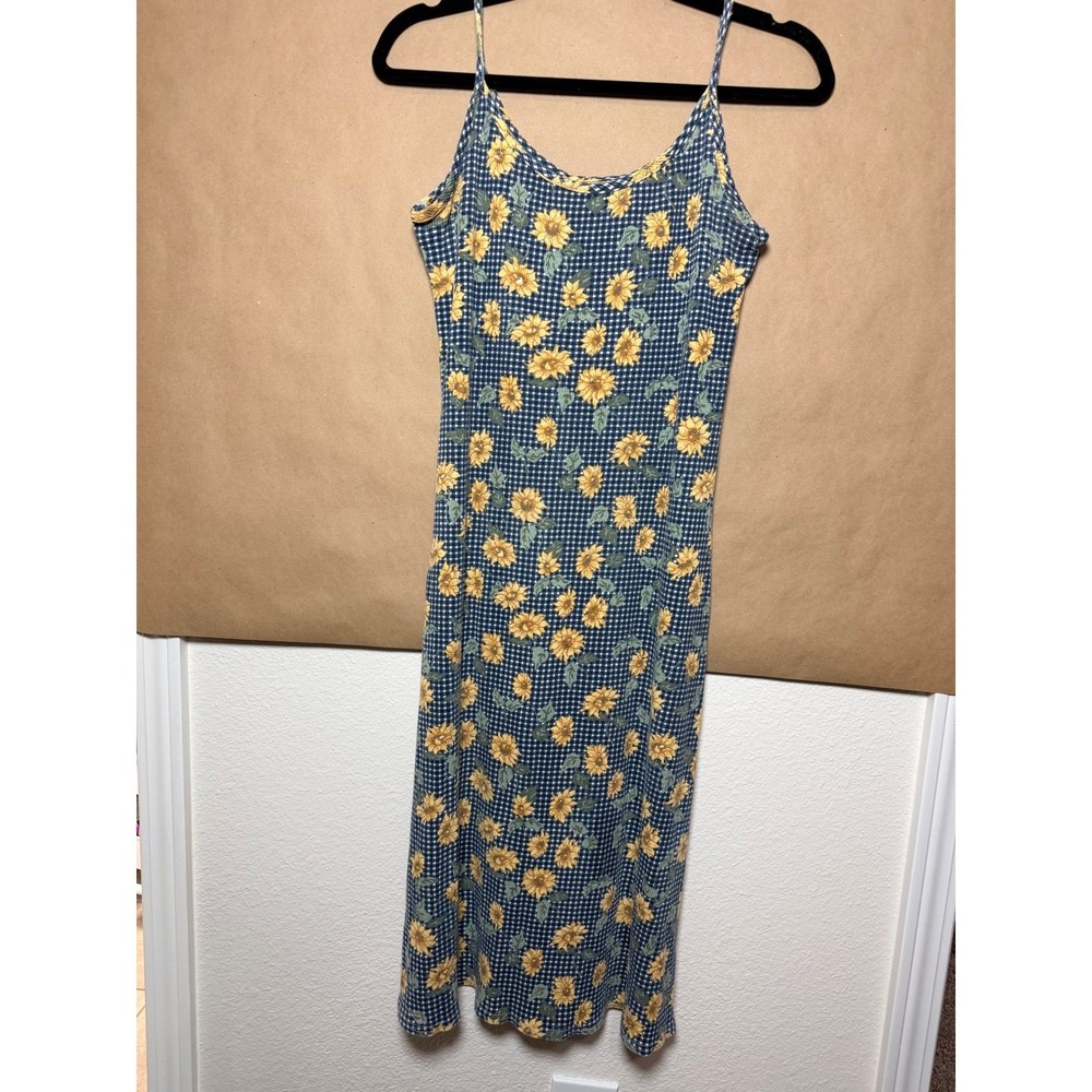 Vintage Tickets Clothing Sunflower Gingham Ribbed Midi Dress Blue Yellow 90s USA